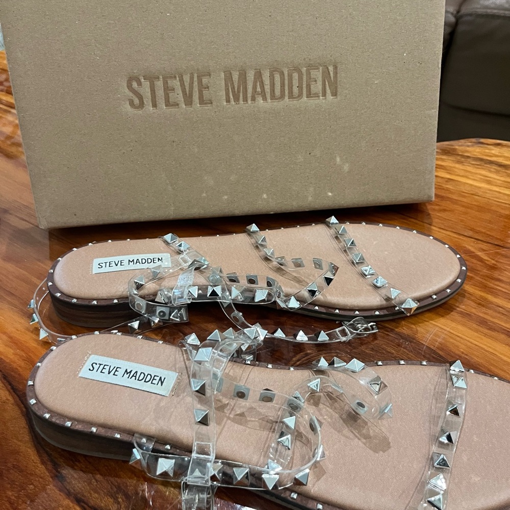 Steve Madden Silver Sandals with Clear Strap and Crystal Embellishments